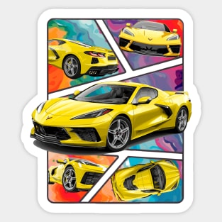 Multiple Angles of the Accelerate Yellow C8 Corvette Presented In A Bold Vibrant Panel Art Display Supercar Sports Car Racecar Accelerate Yellow Corvette C8 Sticker